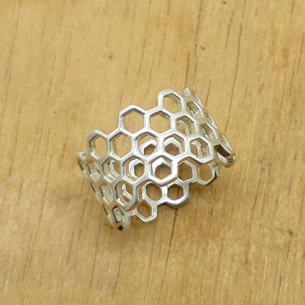 Honeycomb Chunky Silver Woman Band Ring, 925 Sterling Silver Handmade Nature Inspired Aesthetic Jewelry, Spring