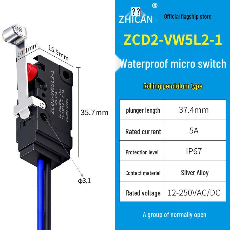 IP67 Waterproof Micro Switch, 5L1B/5L2A/5L3 Models, Straight Lever Roller, 1 NO/1 NC Limit Switch.