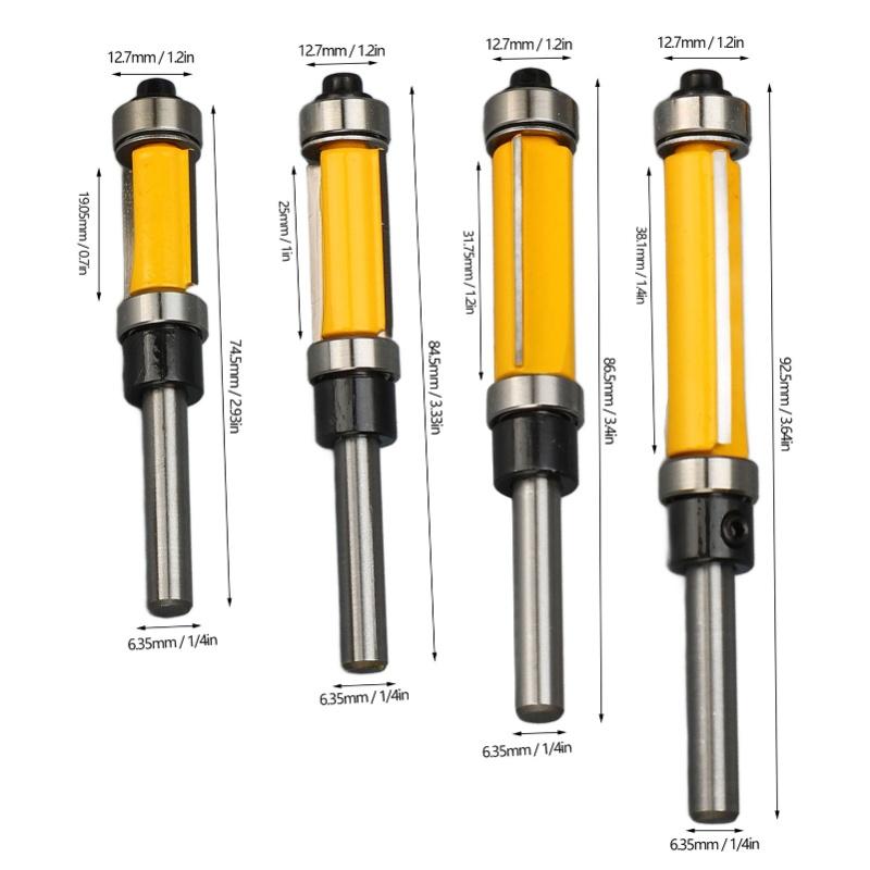 4 Pcs Flush Trim Router Bit Set 2 Flutes 1/4 Inch Shank 1/2in Cut Diameter Top And Bottom Bearing Flush Trim Bits