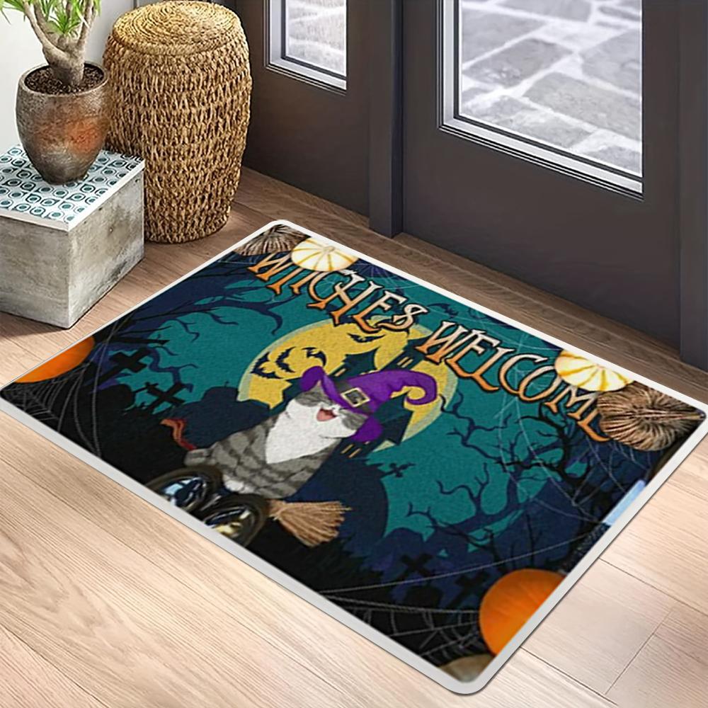 Halloween Night Cute Cat WELCOME Rug Doormat Living Room Bedroom Entrance Door Floor Mat Hallway Backyard Foot Mat Home Decor