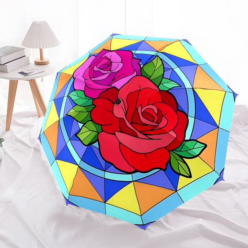 1pc Rose Stained Glass Pattern Automatic Folding Umbrella - Portable Collapsible Design, 8-Rib Iron Frame, Durable Fabric yy251125060