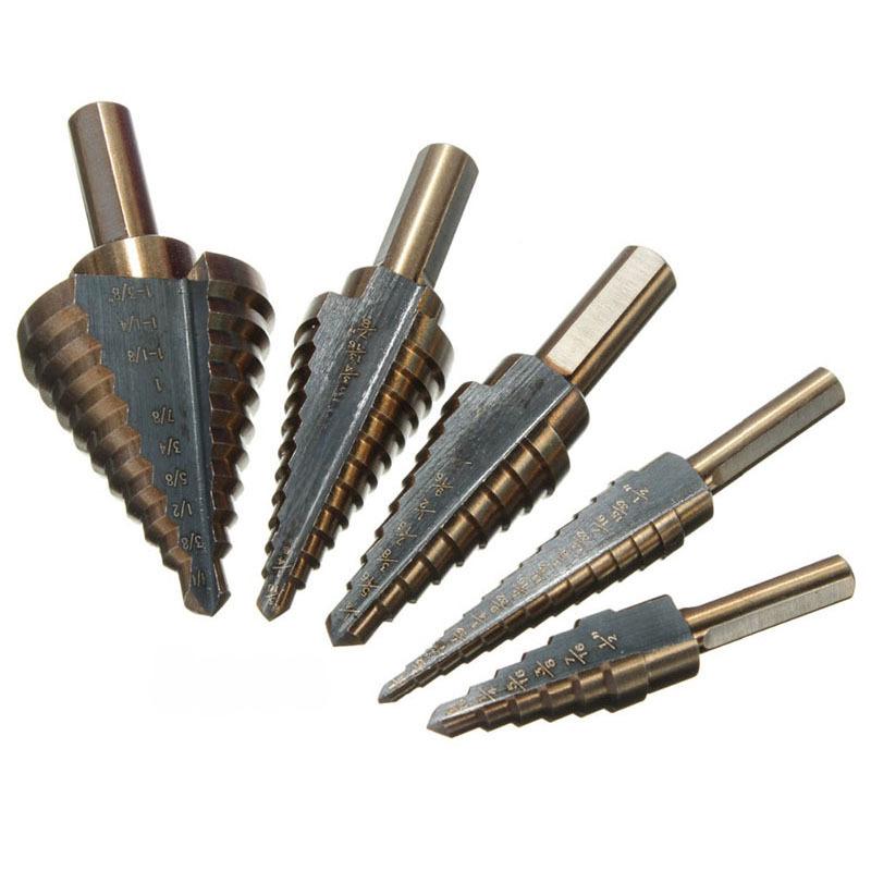 5-Piece Black & Yellow Pagoda Drill Bit Set with Triangular Handle and Straight Groove