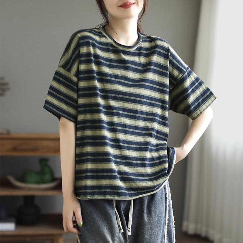 

New Summer Fashion Trend Art Retro Stripe Round Neck Short Sleeve Top Loose Casual Sports Belly Covering Women s T-shirt L зелений
