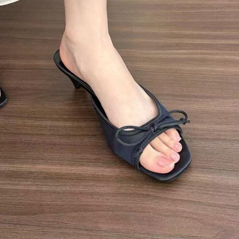 French Style High Heel Sandals 2025 New Summer Korean Version Thick Heel Slip-On Shoes Butterfly Knot Fairy Shoes Women Slides