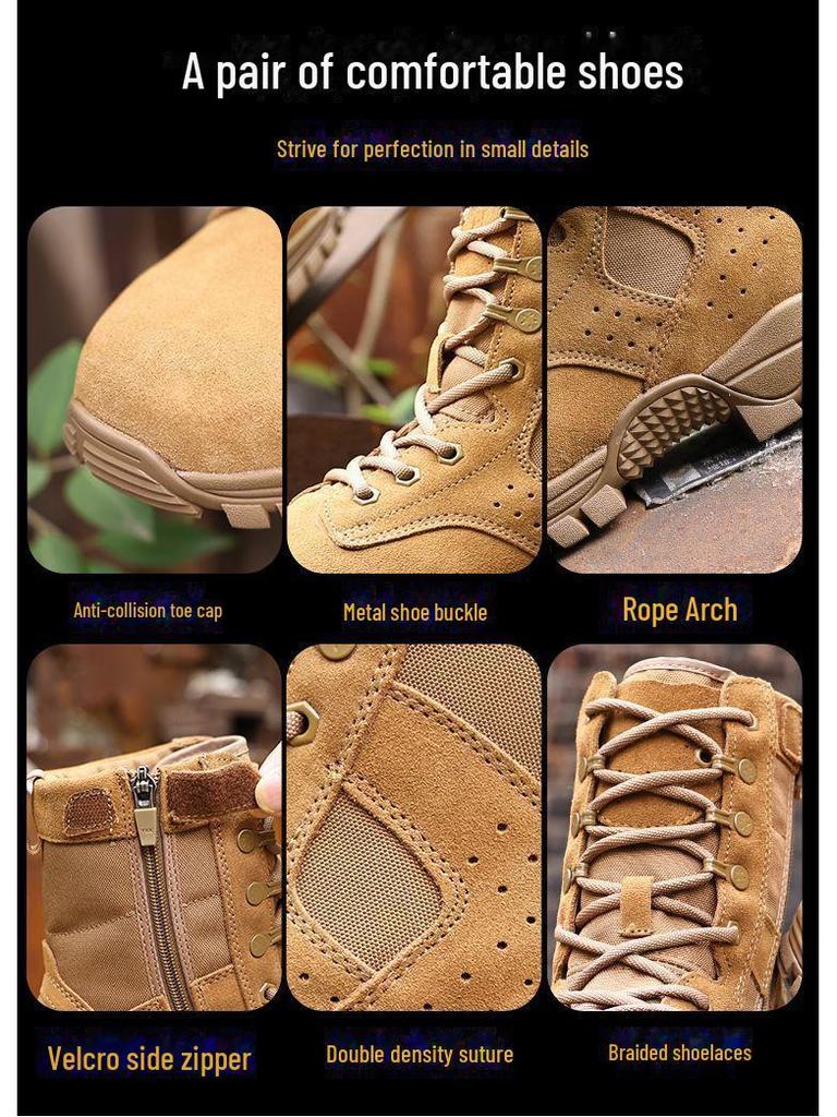 New Brown Combat Training Boots: Men's & Women's High-Top, Dustproof, Breathable Cowhide Outdoor Mountaineering Zipper Boots