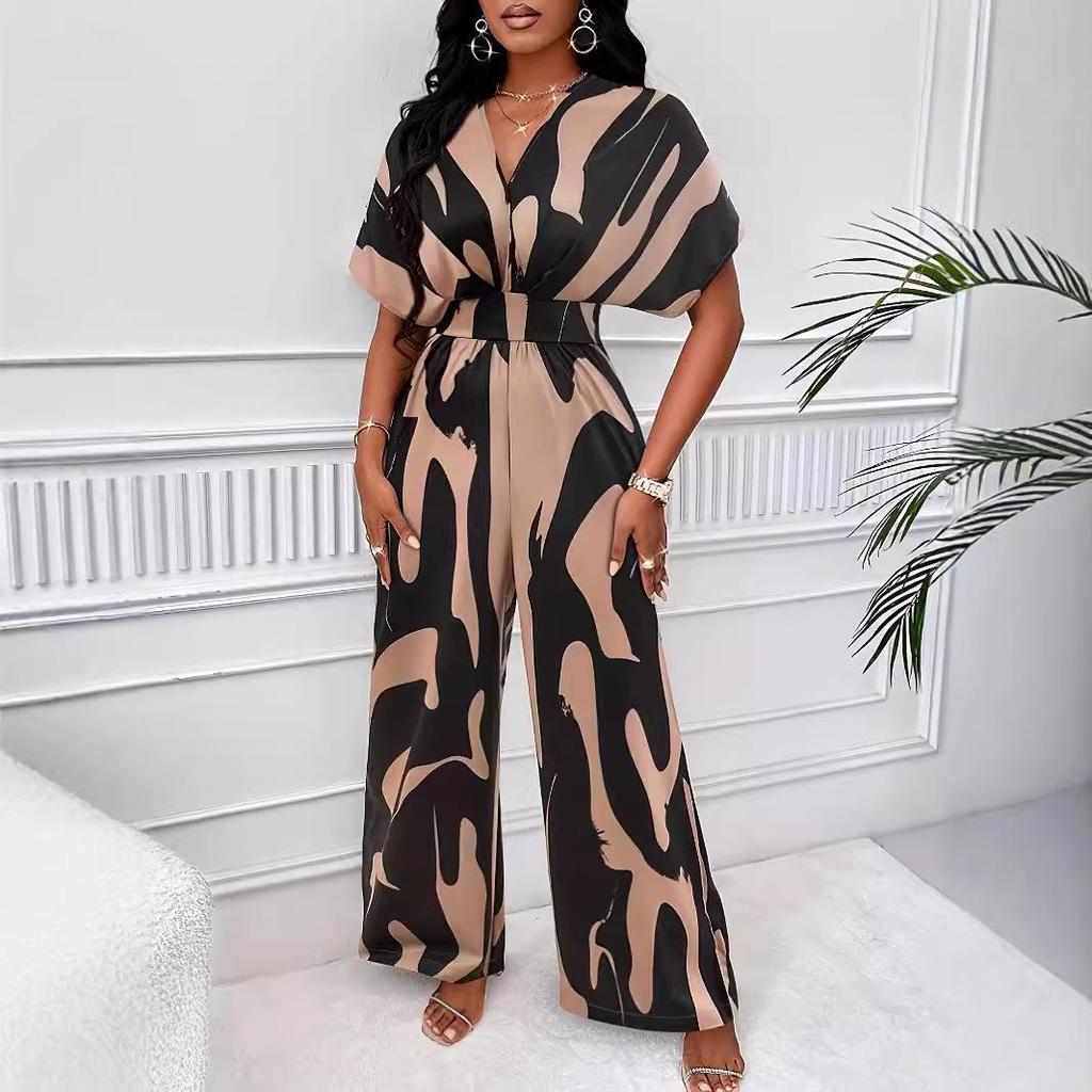 Spring/Summer Women's All-over Print Batwing Sleeve Wide-Leg Jumpsuit