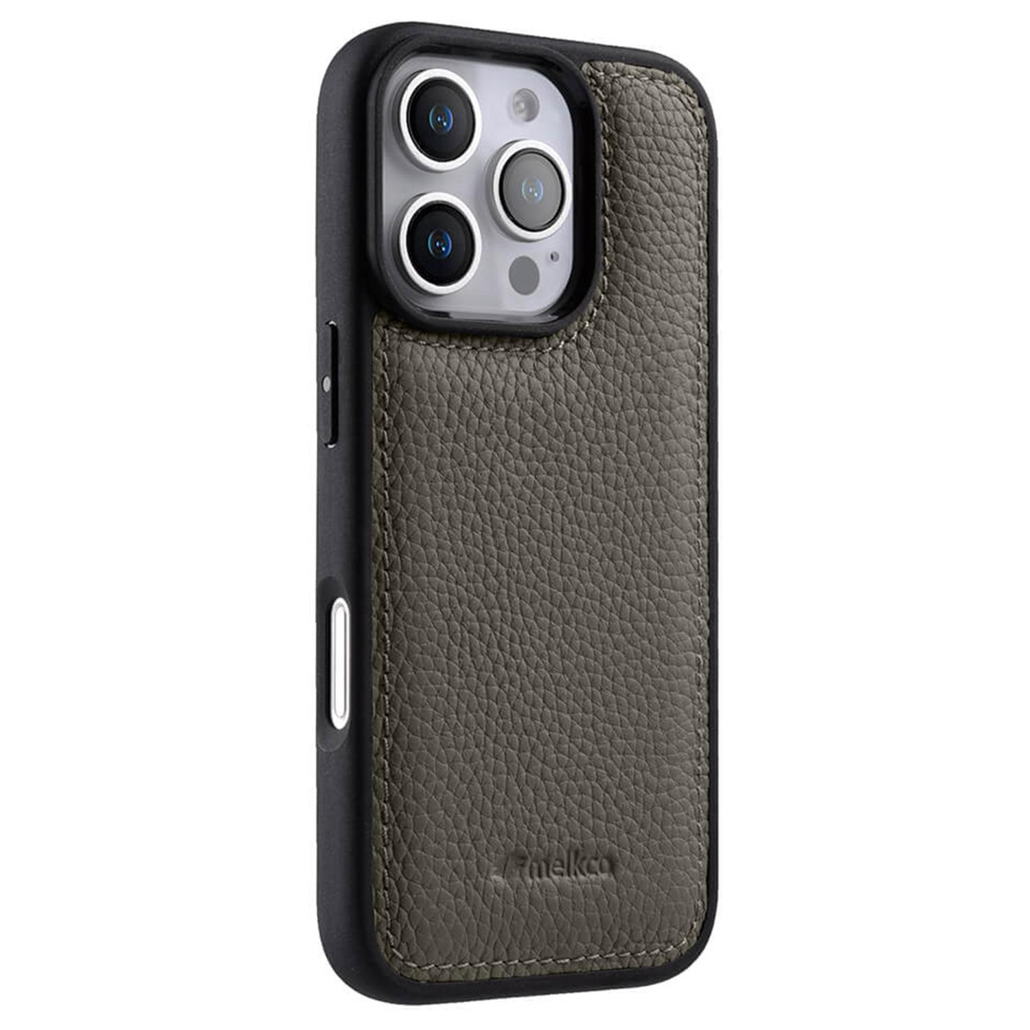 

MELKCO For iPhone 16 Pro Max Case Genuine Cow Leather Coated PC Phone Cover Grey
