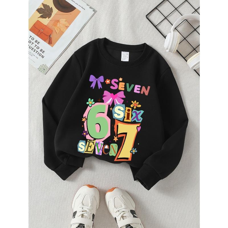 European sizes Kids' Casual Sweatshirt Printed Round Neck Pullover, Kids' Round Neck Sweatshirt with Fashion "67" Theme Feature Print for Kids