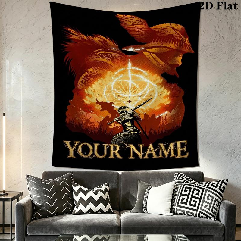 Custom Name Elden Ring Wall Tapestry Aesthetic Wall Hanging Printed Fabric Blanket Decorative Tapestries for Bedroom Living Room Home Decor