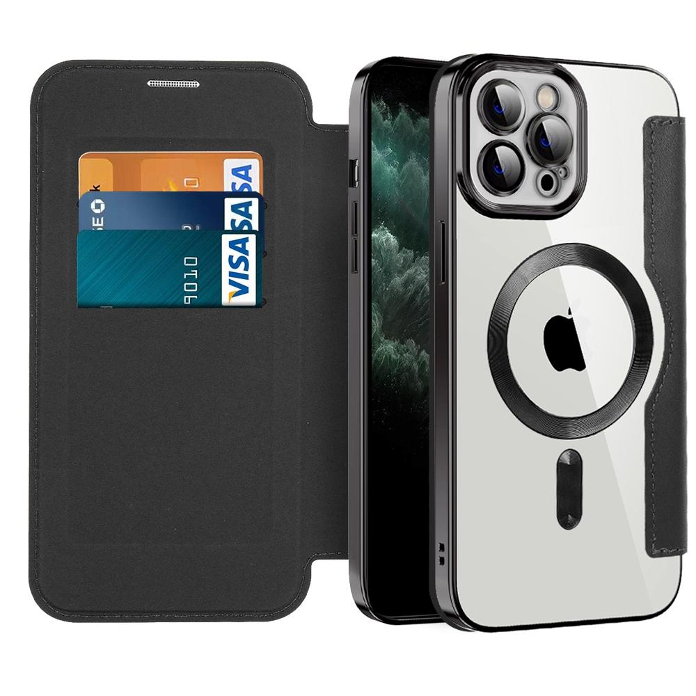 For iPhone 11 Pro Max 6.5 inch Compatible with MagSafe RFID Blocking Card Slots PU Leather+TPU Electroplating Clear Back Flip Case with Lens Film