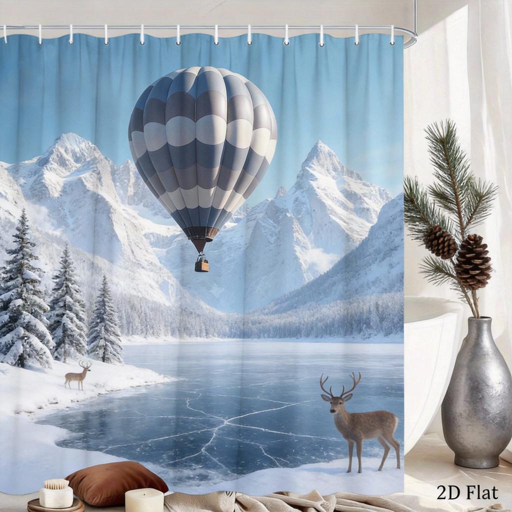 Hot Air Balloon Shower Curtain Mountain Lake Landscape Print Polyester Bath Curtain With Hooks For Nature Adventure Decor