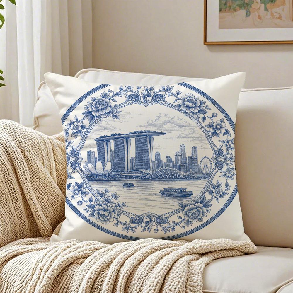 Singapore Vintage Cityscape Cushion Cover Breathable Short Plush Cushion Covers Machine Washable Wrinkle-Resistant Soft Durable