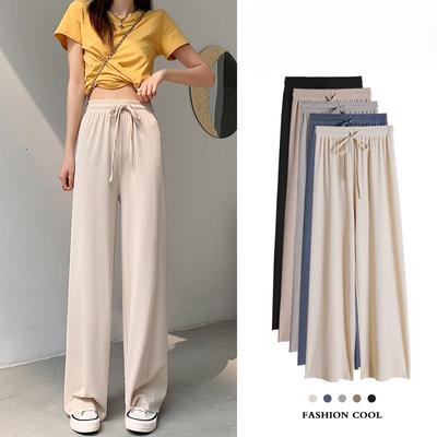 Women Ice Silk Wide Leg Pants Drawstring High Waist Loose Casual Trousers Women Straight Pants