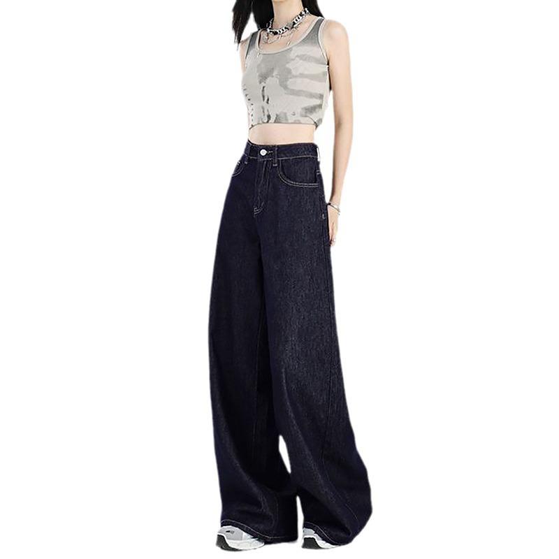 Spring and autumn American dark blue jeans women's 2025 new small high-waisted and thin straight loose wide-leg pants