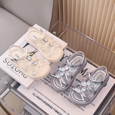Sandali Bambina Dolci Fiocchi Cristalli Brillanti Scarpe da Spiaggia per Bambini Punta Aperta Estate 2025 Nuovi Scarpe Principessa per Bambini Colore Unito Suola Morbida