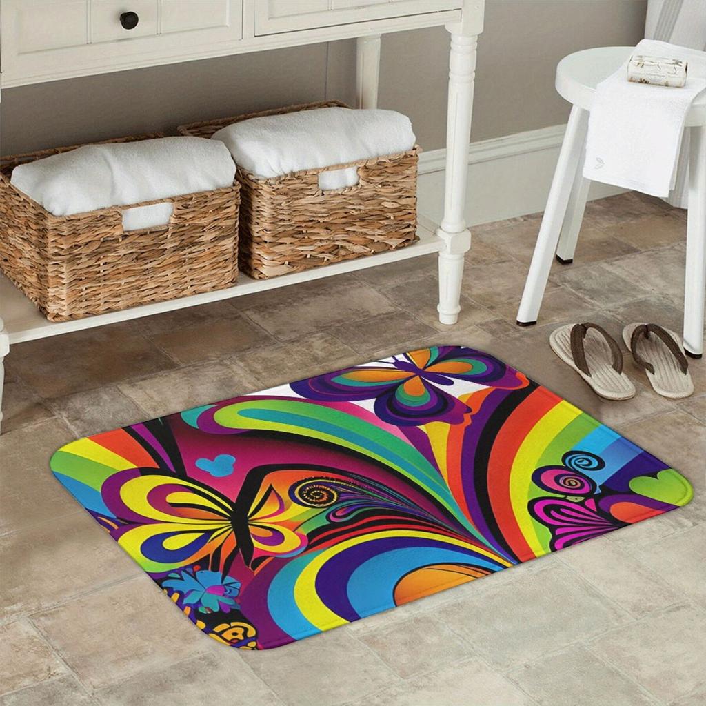 Dunkle Matte Basis mit abstrakten psychedelischen Motiven: Schmetterlings-, Blumen- und Wirbelmuster, Polyesterteppich für die Innendekoration zu Hause