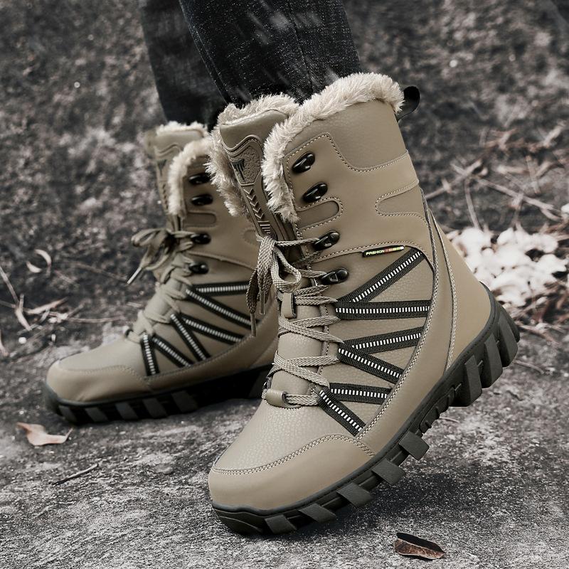 

Winter high-top velvet thickened snow boots men s waterproof leather surface warm outdoor shoes cotton shoes 47 коричневий
