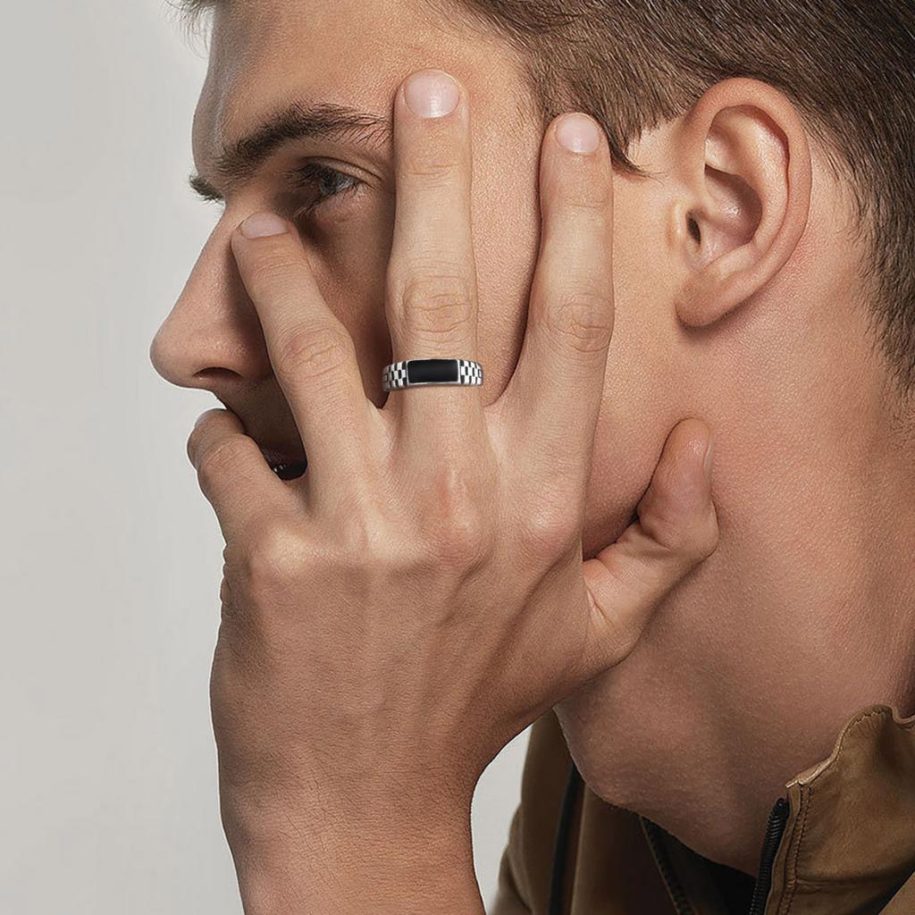 Black Rectangle Ring for Men Boys,Classic Square Ring Metal Ring Chessboard Ring,Casual Gifts for Him