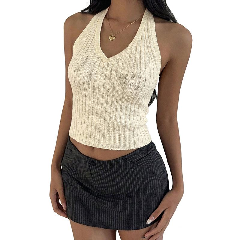 Women Sexy Backless Halter Slim Cropped Ribbed Tank Top