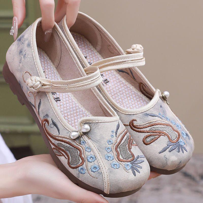 Retro Hanfu shoes Old North cloth shoes Women's shallow mouth breathable women's shoes Flat heel soft sole embroidered shoes
