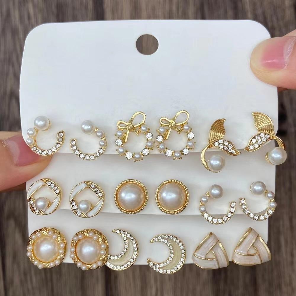 New ins bow fishtail pearl moon stud earrings with diamonds fashion temperament geometric earrings set