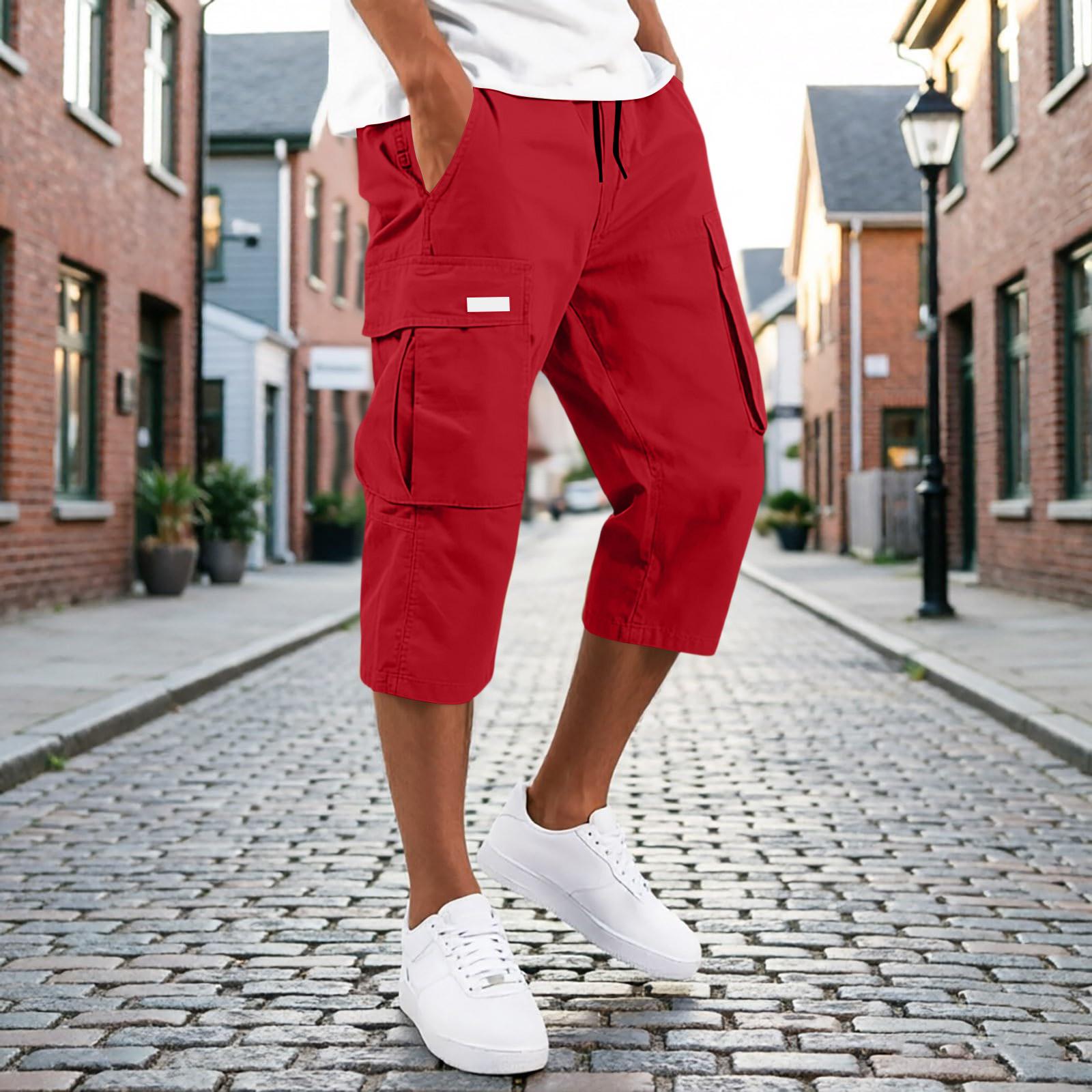 Xingben Six Heren Capri Broek met Trekkoord Taille en Meerdere Zakken Cargo Relaxte Pasvorm Zeven Achtste Lengte Casual Broek voor Dagelijks Gebruik XL wijn
