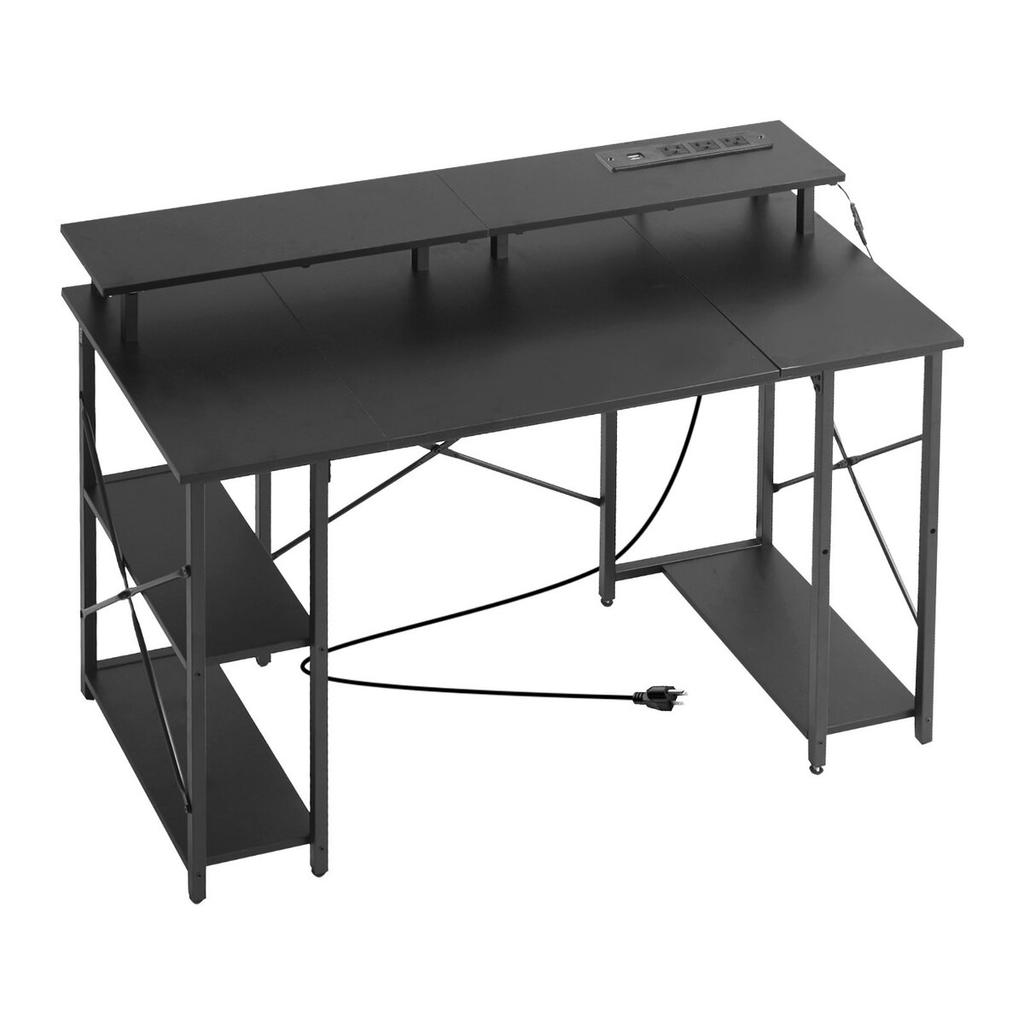 120 cm Computer Desk with Smart LED Lights and Power Outlets, Reversible Gaming Office Desk with Monitor Stand and 2-Tier Storage Shelves, Study Work