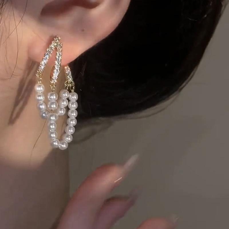 Zircon double-layer pearl fringed earrings fashion French niche earrings temperament light luxury earrings