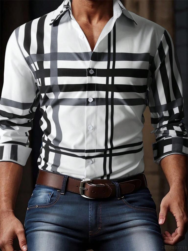 Men's plaid long-sleeved shirt, stylish and casual collared shirt, breathable and versatile top for everyday wear and commuting.