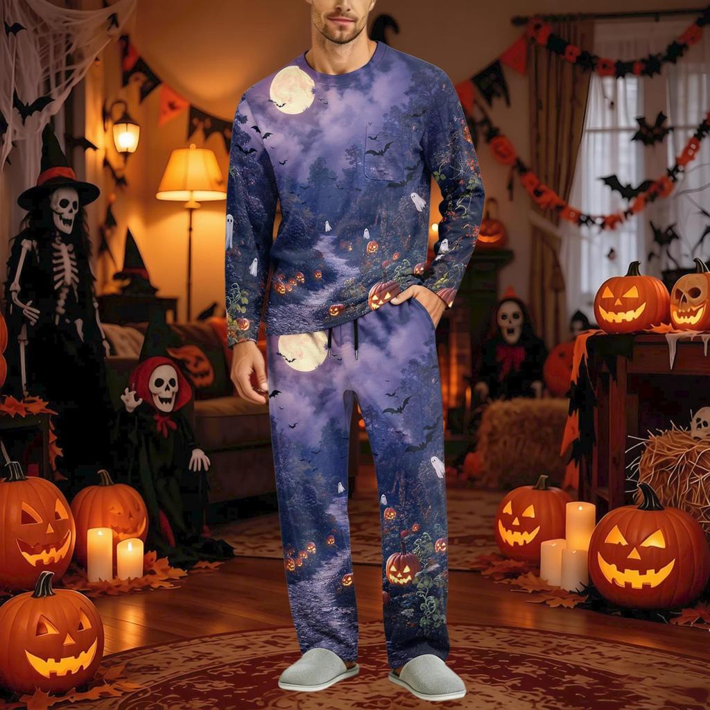 Men's Halloween Pajama Set Long Sleeve with Button Fly and Elastic Waist Drawstring for Sleepwear
