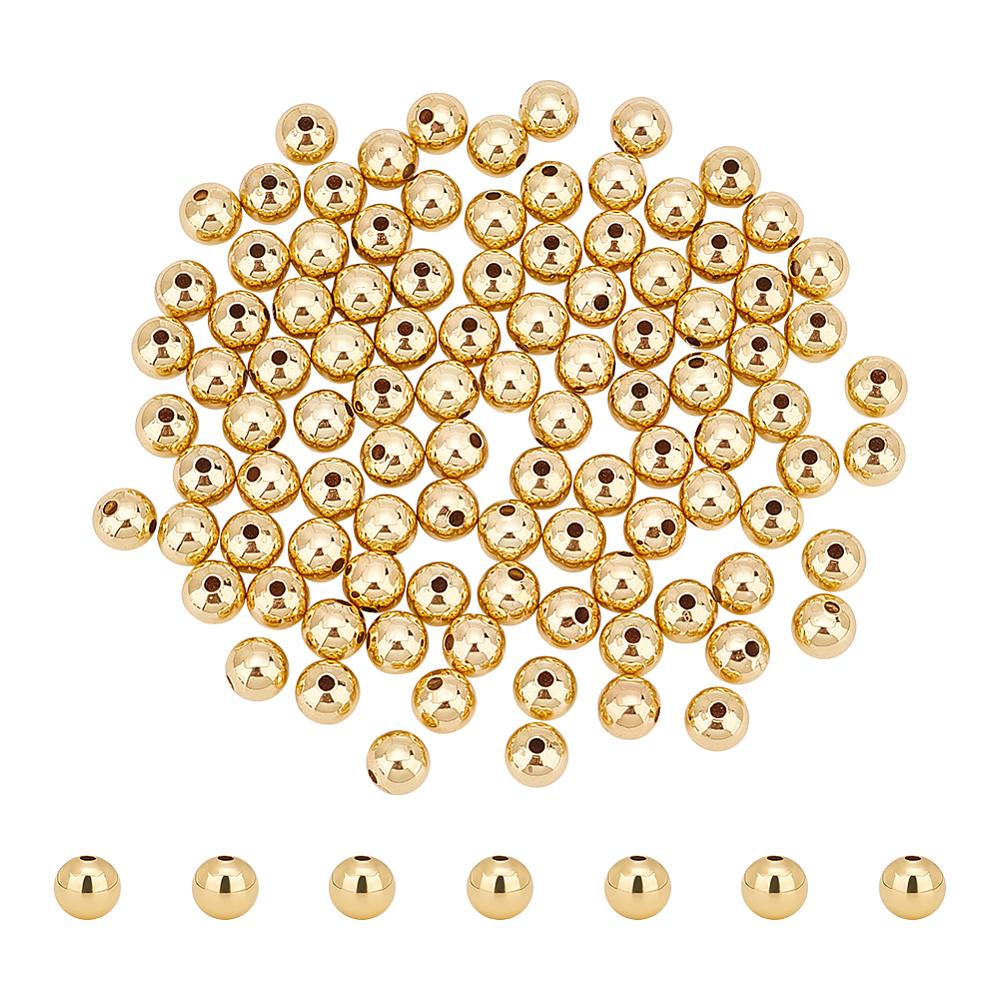 100Pcs Brass Beads, Long-Lasting, Round, Real 18K Gold Plated, 6mm, Hole: 1.2mm