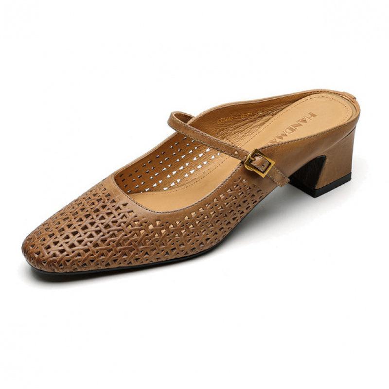 New square head cover foot pedal sandals summer bag head slippers women's beef tendon soft bottom leather size cool slippers