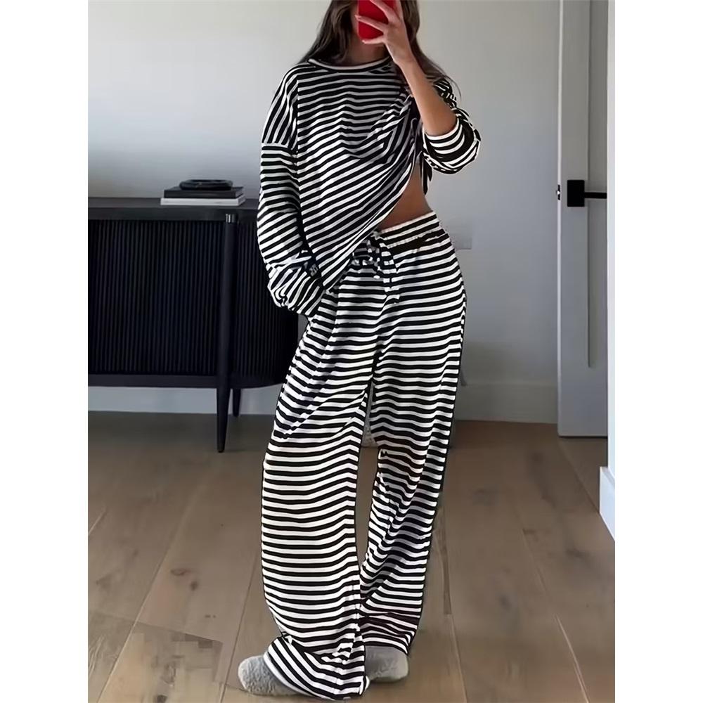 Vêtements Européens et Américains Printemps Rayé Décontracté Costume Manches Longues Hauts Pantalon Taille Haute Ensemble Deux Pièces XXL noir