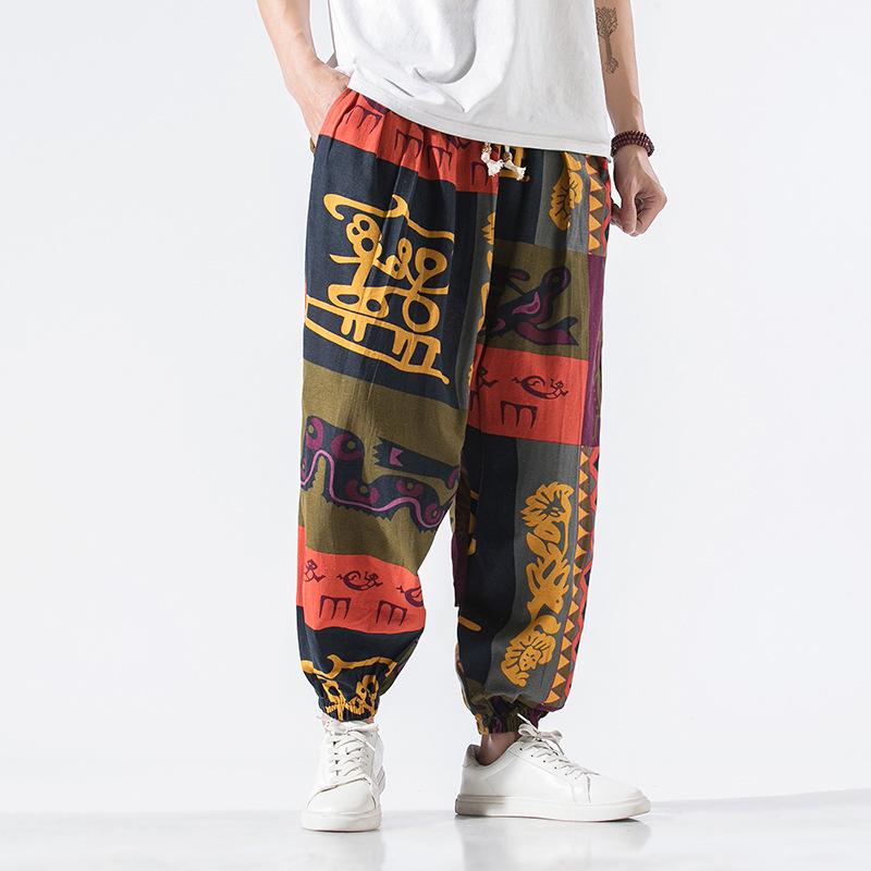 2023 Men's Chinese Style Loose Cotton Linen Printed Harem Cropped Pants, Plus Size Fashion Casual Skinny Pants