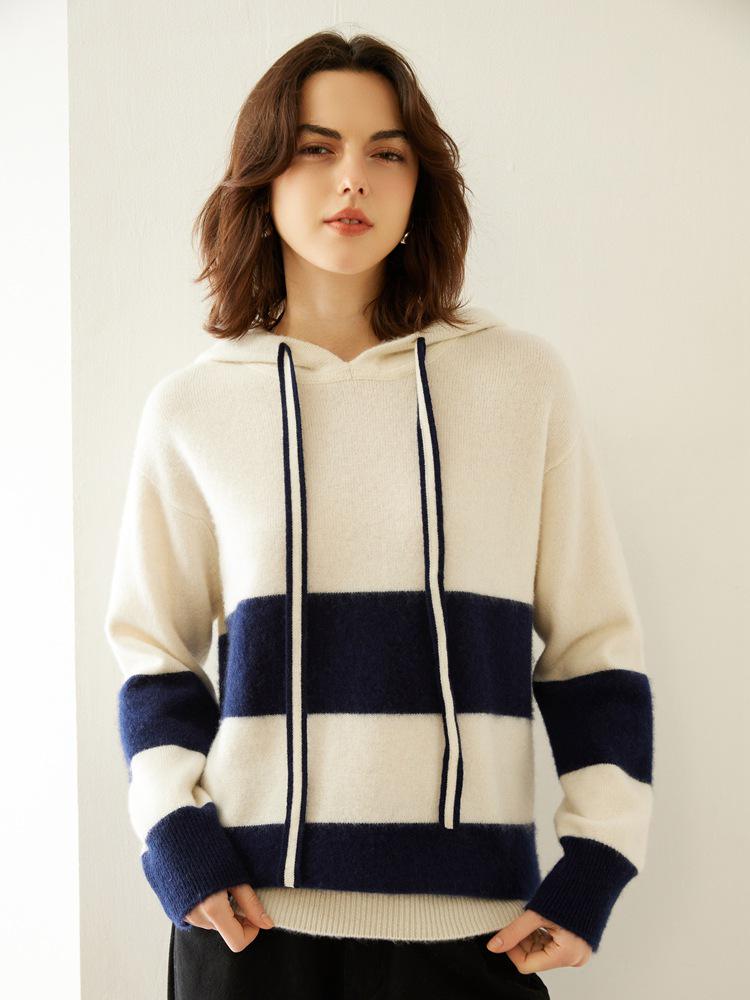 Women's Color Block Cashmere Hooded Pullover - Loose Casual Knitwear Top