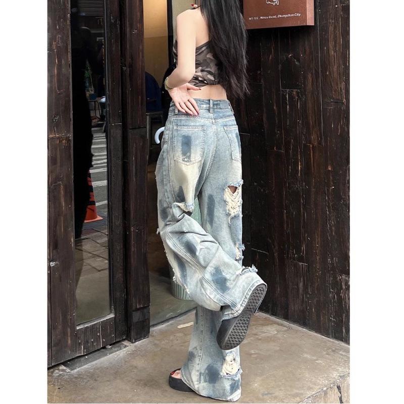 Damen Retro High-Waist Ripped Wide-Leg Jeans - Sommer Dünn & Distressed Bodenlang