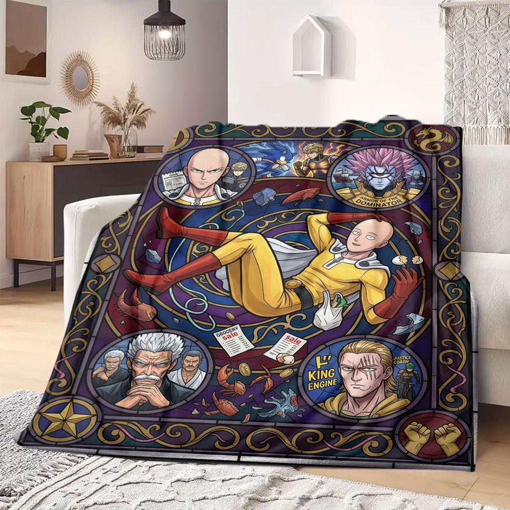 One Punch Man Stylish 2D Cartoon Flannel Blanket, Printed Decor for Sofa, Soft Bedding Travel Picnic Rug_LIAN