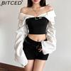 BITCED Autumn Women's Solid-Colour Slim-Fit Cropped Streetwear V-Neck Long-Sleeved Top
