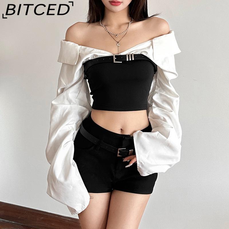BITCED Autumn Women's Solid-Colour Slim-Fit Cropped Streetwear V-Neck Long-Sleeved Top