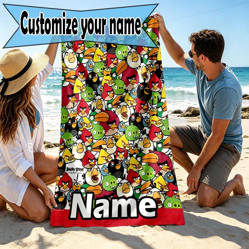 Custom Name Personalized Angry Birds Print Beach Towel, for Trip Camping Beach Party Home Decor, Birthday Gift for Family & Friends
