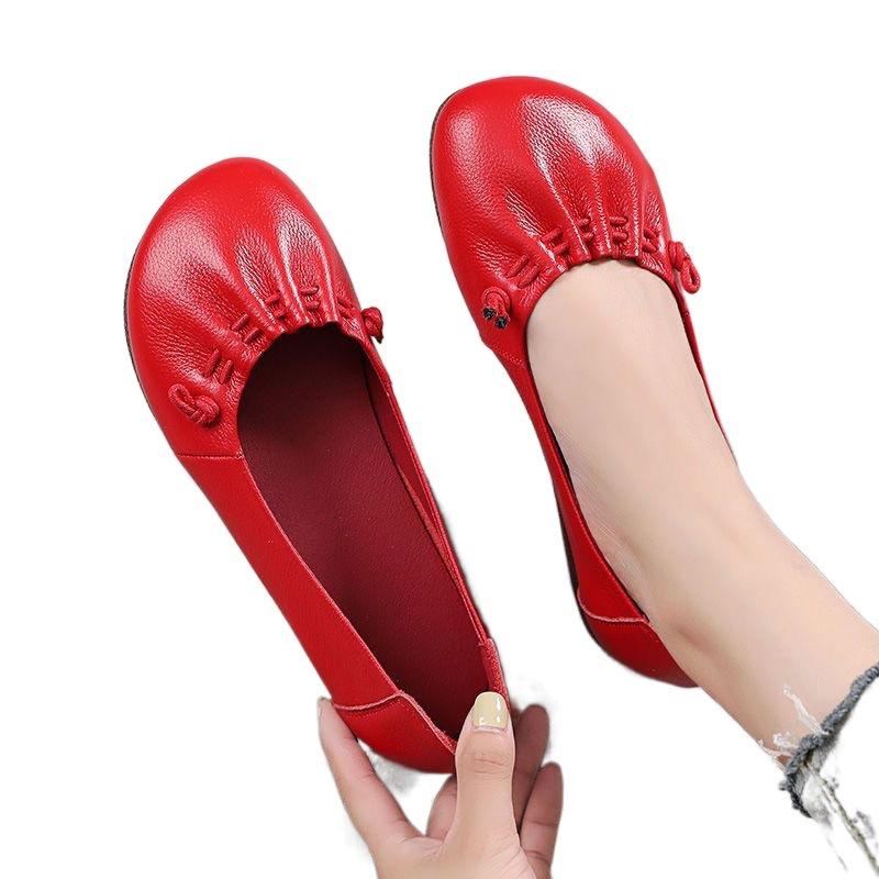 Enkeltsko i ekte skinn Flatbønnesko for kvinner Komfortabel sene, myk såle Vår og sommer Middelaldrende og eldre morsko