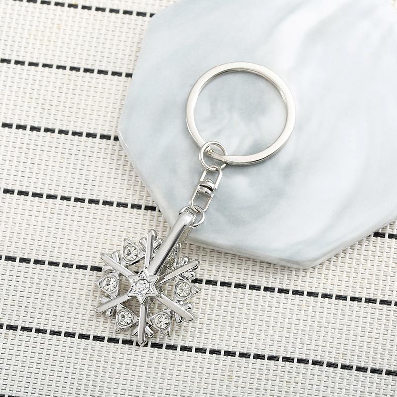 Rotating Rhinestone Snowflake Stainless Steel Keychain Shiny Fashion Design Practical Student Backpack Gift