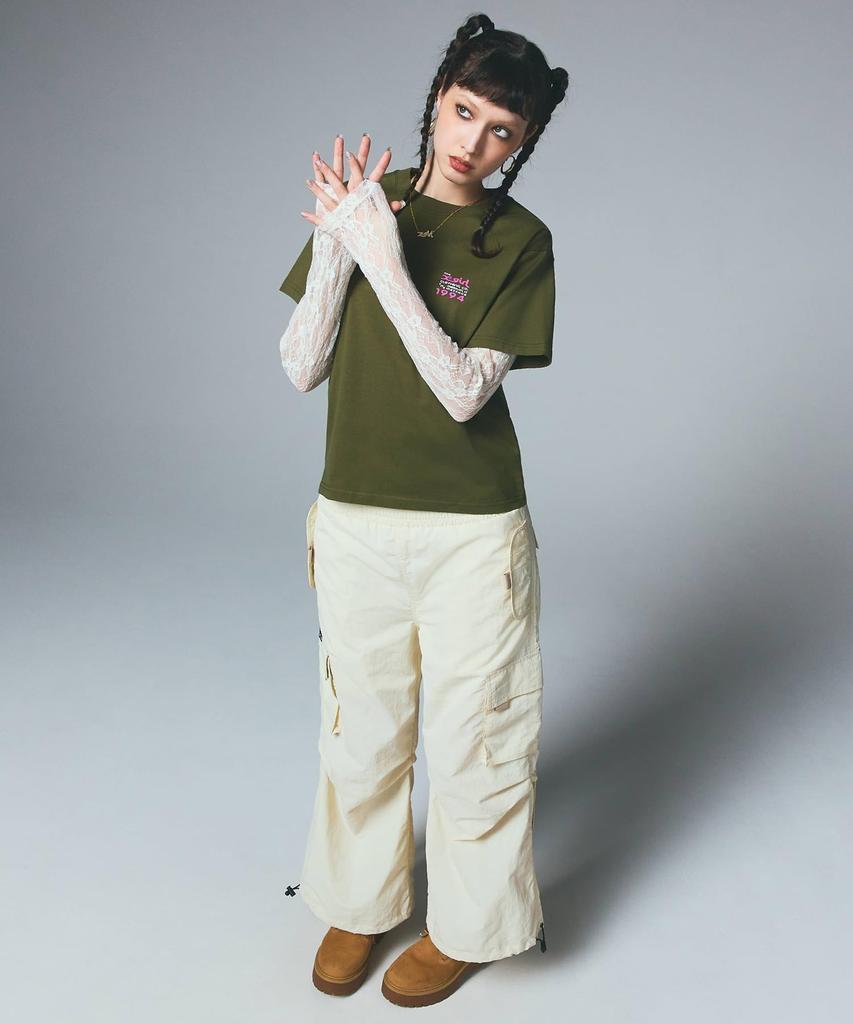 Casual Box Logo and Face Short Sleeve Olive X-girl Tee, Women's,