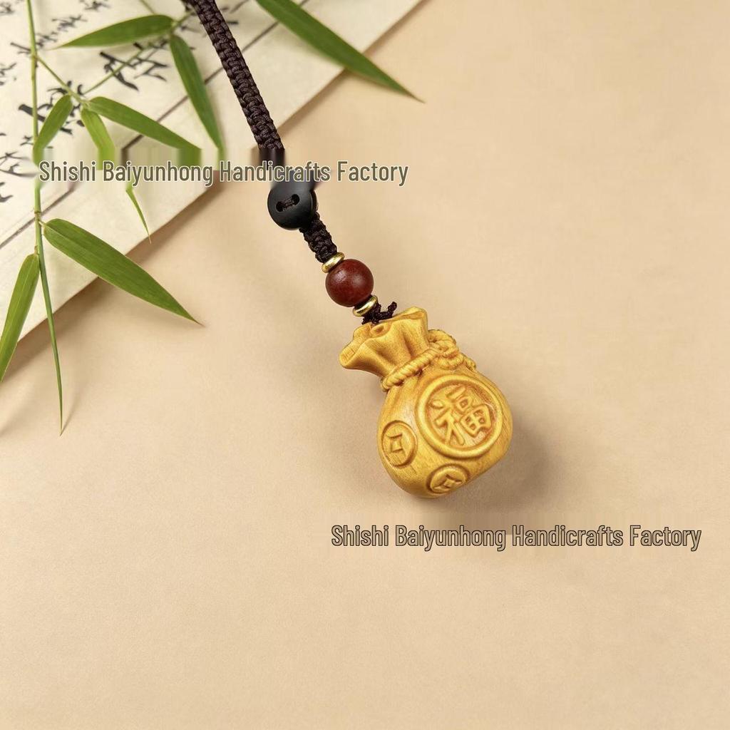 Golden Wood Lucky Money Bag Hanging Ornament - Keychain & Car Pendant Decor