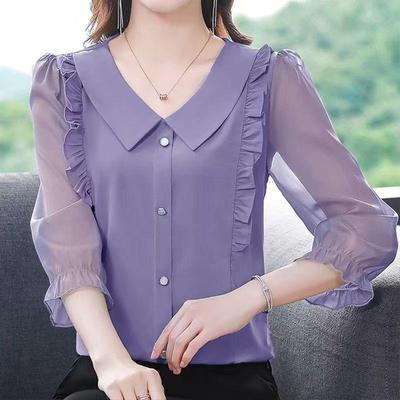 Women's Clothing Elegant Blouses Korean Fashion Solid Long Sleeve Casual Shirts Chic Loose All Match Chiffon Tops