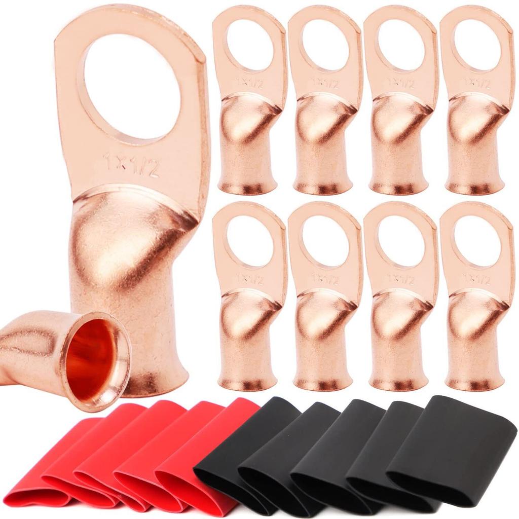 20pcs Copper Terminal Connectors, AWG 1/0 2/0 2 4 6 8 Ring Lug Kit With Shrink Tubing & Battery Cable Lugs