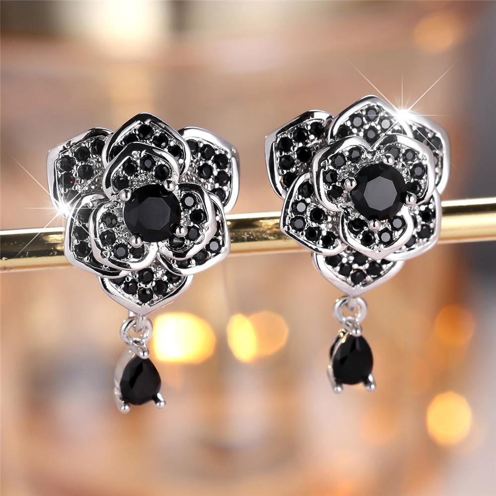 Cute Female Crystal White Black Zircon Flower Stud Earrings Vintage Silver Color Party Wedding Jewelry For Women