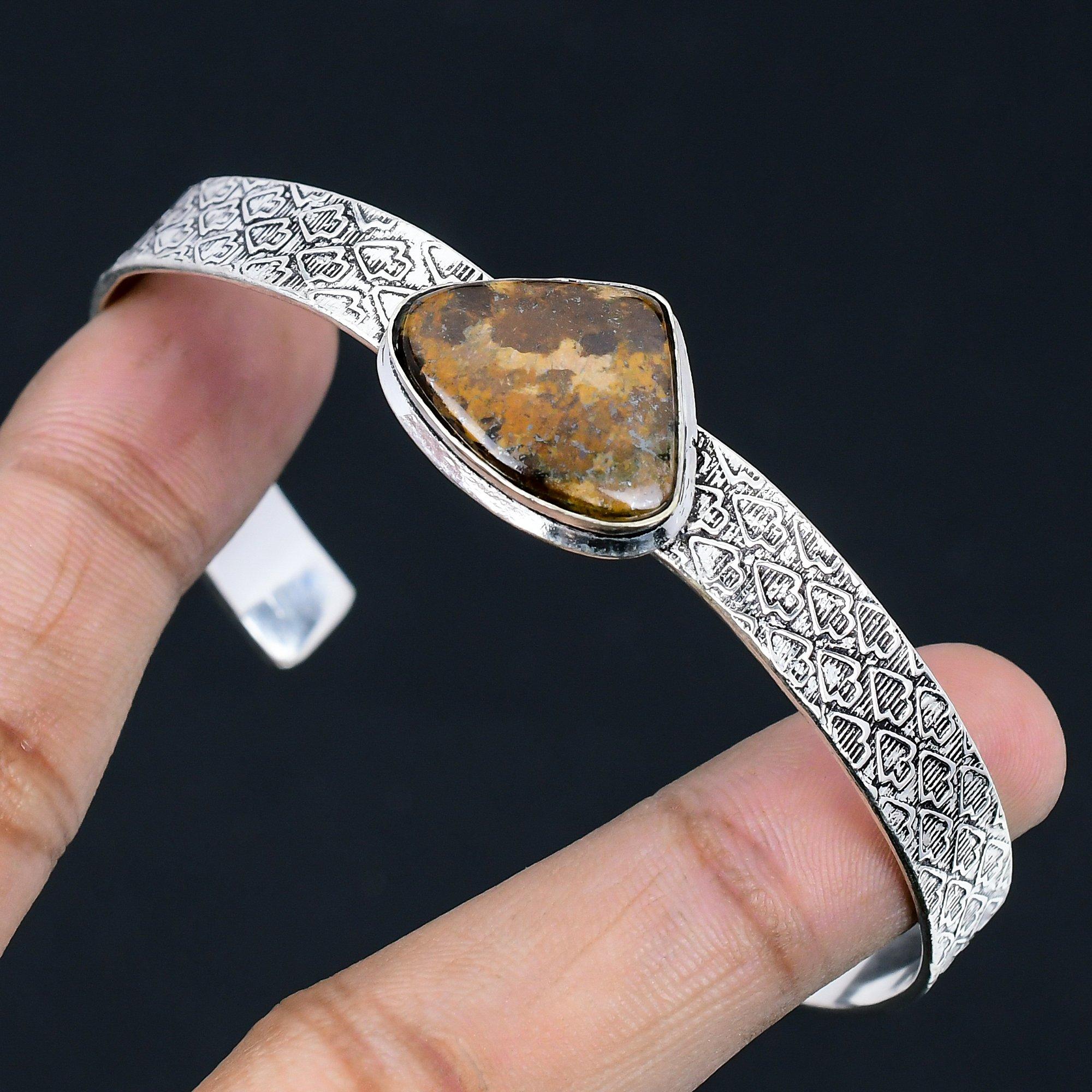 

925 Silver Pear Natural Bronzite Mother Artisan Elegant Ethnic Bangle Jewelry Adjustable