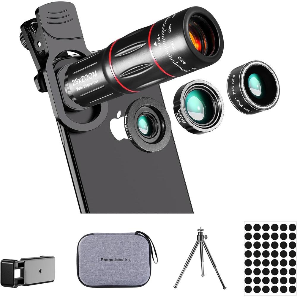Mobile phone camera lens kit upgraded version: Telephoto 28X, Wide-angle 0.6X, Macro 20X, Fisheye 198° 1PCS