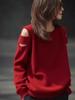 Women's Trendy Red Off-Shoulder Hollow-Out Wool Sweater - Loose, Slimming, Versatile Pullover Design